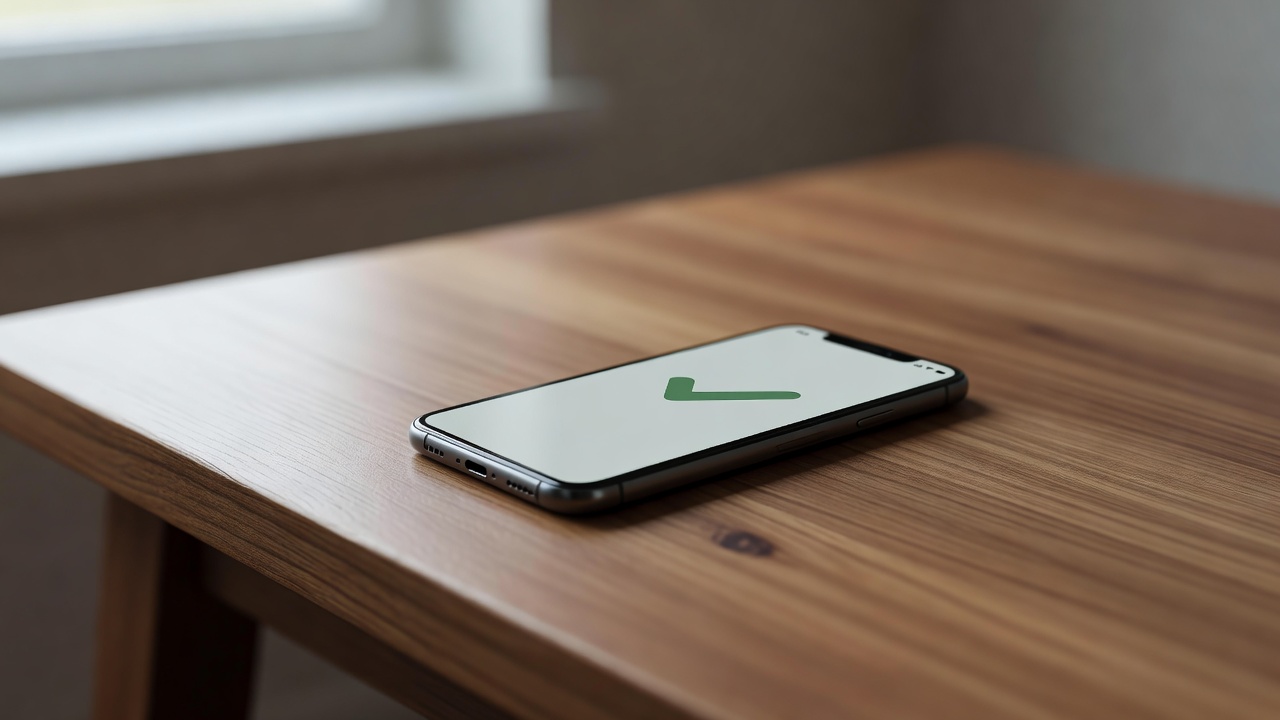一部iPhone手机显示应用安装完成后的桌面界面，放在木质桌面上，旁边有数据线，光线柔和